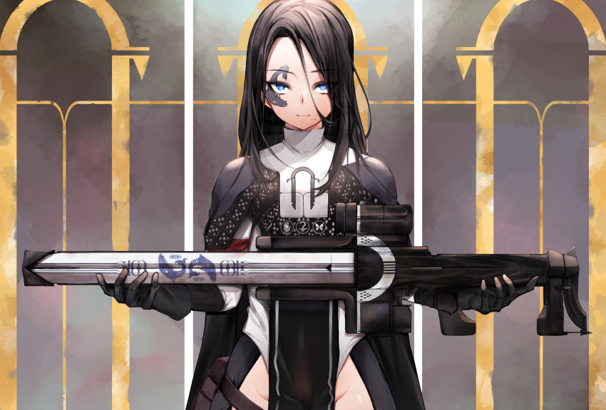 ada-1 black_hair blue_eyes chickenvomit destiny_2 gloves gun tattoo weapon