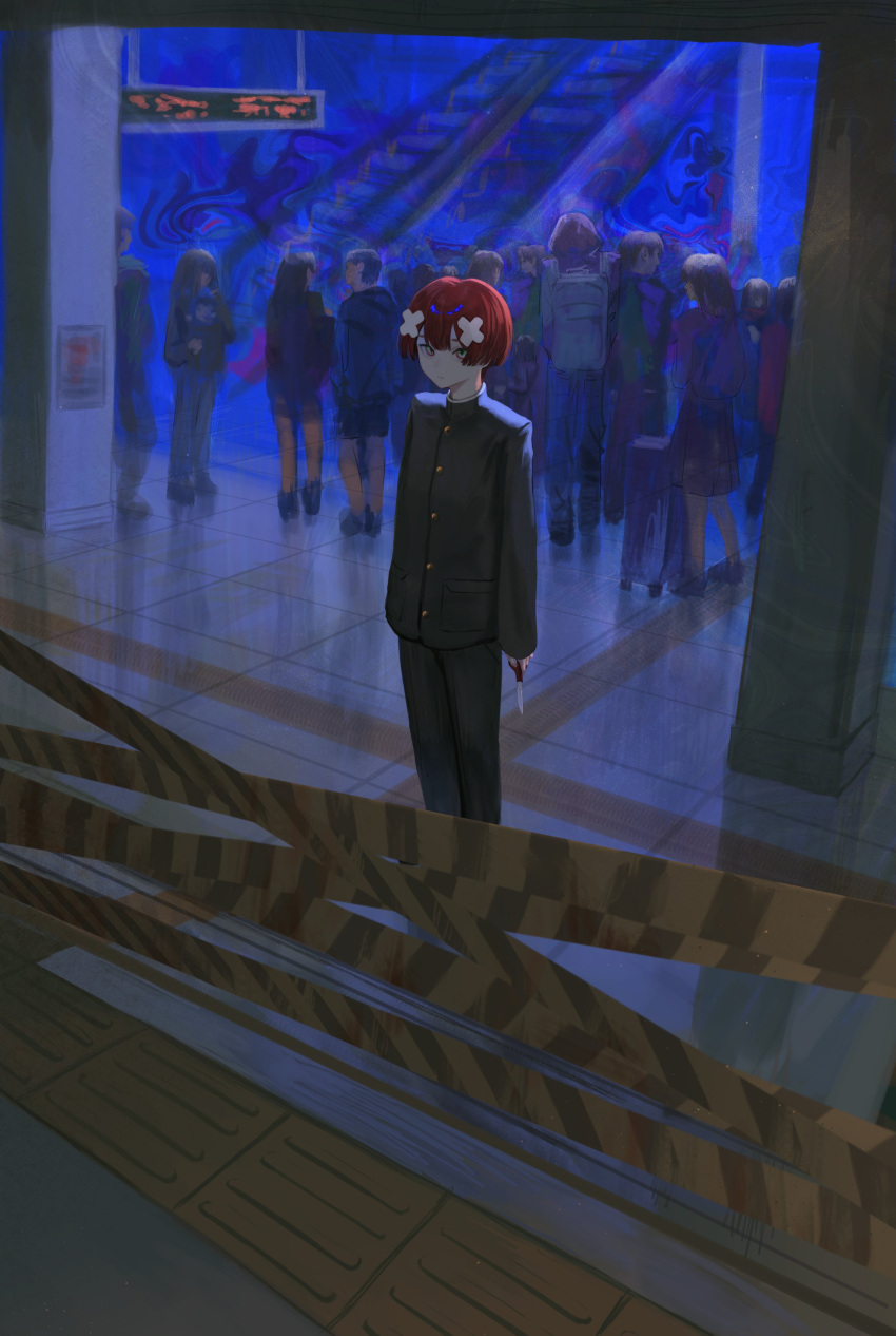 1boy abstract absurdres androgynous black_pants black_suit block_(object) blunt_bangs bowl_cut escalator full_body green_eyes hair_ornament highres holding holding_knife indoors knife kyano_(kyanora3141) original pants red_hair sign sleeves_past_wrists solo_focus standing suit tactile_paving tile_floor tiles x_hair_ornament