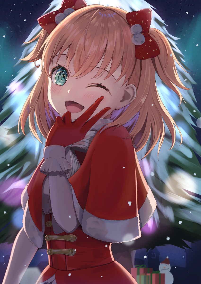1girl absurdres alternate_hairstyle bow bowtie box capelet christmas_tree fur-trimmed_capelet fur_collar fur_trim gift gift_box gloves green_eyes high-waist_skirt highres hinoshita_kaho link!_like!_love_live! love_live! one_eye_closed open_mouth orange_hair red_capelet red_gloves red_skirt shirt skirt solo terumira two_side_up v white_bow white_bowtie white_shirt