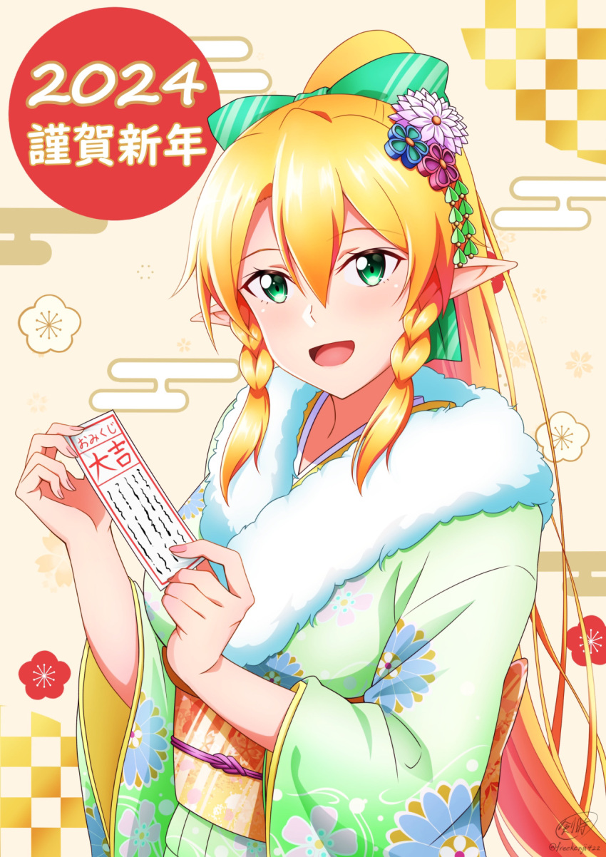 1girl 2024 :d alternate_costume blonde_hair bow braid breasts commentary_request fairy_(sao) floral_print flower green_bow green_eyes green_kimono hair_between_eyes hair_bow hair_flower hair_ornament high_ponytail highres holding japanese_clothes ken-ji kimono leafa long_hair long_sleeves looking_at_viewer medium_breasts new_year obi open_mouth pointy_ears ponytail print_kimono sash smile solo sword_art_online translation_request twin_braids upper_body wide_sleeves yellow_background yellow_sash