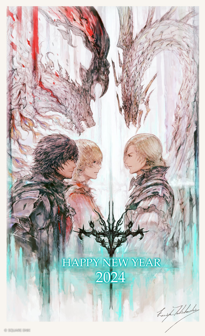 2024 3boys absurdres bahamut_(final_fantasy) beard beard_stubble blonde_hair brothers clive_rosfield dion_lesage facial_hair fangs final_fantasy final_fantasy_xvi happy_new_year highres horns ifrit_(final_fantasy) joshua_rosfield multiple_boys official_art phoenix_(final_fantasy) siblings takahashi_kazuya upper_body