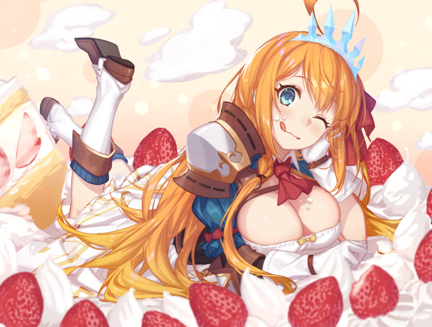 aqua_eyes armor boots breasts cleavage food fruit gloves long_hair m-ya orange_hair pecorine princess_connect! strawberry