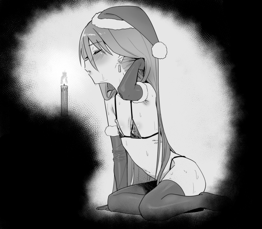 1girl adjusting_hair bikini blush candle christmas closed_eyes commentary_request covered_nipples earrings elbow_gloves flat_chest gloves greyscale hat highres jewelry long_hair micro_bikini monochrome ohlia parted_lips phallic_symbol santa_bikini santa_hat sexually_suggestive shakugan_no_shana shana sitting solo sweat swimsuit thighhighs very_long_hair