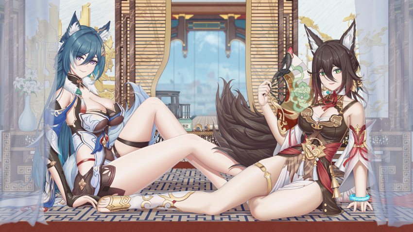 2girls absurdres animal_ears arm_support bare_shoulders black_hair blue_hair breasts cleavage commentary_request curtains detached_sleeves feet folding_fan fox_ears gloves green_eyes hair_between_eyes hand_fan highres holding holding_fan honkai:_star_rail honkai_(series) knee_up large_breasts legs long_hair multiple_girls partially_fingerless_gloves purple_eyes suzhi2333 thigh_strap thighlet thighs tingyun_(honkai:_star_rail) toeless_footwear toenails toes very_long_hair yukong_(honkai:_star_rail)