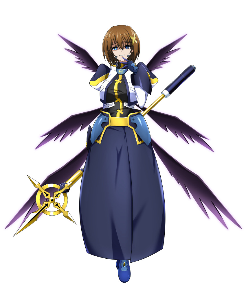 1girl absurdres arm_behind_back blue_eyes bright_pupils brown_hair commission evil_grin evil_smile eyebrows_hidden_by_hair full_body gloves grin hair_between_eyes hair_ornament highres hip_armor long_skirt long_sleeves looking_at_viewer lyrical_nanoha mahou_shoujo_lyrical_nanoha mahou_shoujo_lyrical_nanoha_strikers multiple_wings numbers'_uniform numbers_(nanoha) oshimaru026 pixiv_commission puffy_sleeves schwertkreuz short_hair simple_background skirt smile solo staff waist_cape white_background white_pupils wings x_hair_ornament yagami_hayate