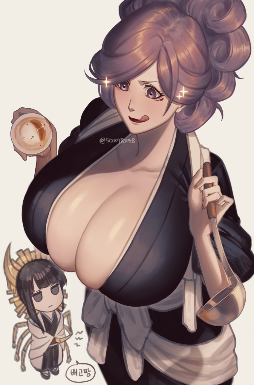 2girls 50x48x48 black_eyes black_hair bleach bleach:_sennen_kessen-hen breasts cleavage cooking extra_arms facial_mark haori highres hikifune_kirio holding holding_ladle huge_breasts hungry japanese_clothes ladle multiple_girls nimaiya_ouetsu purple_eyes purple_hair red_lips shihakusho shinigami shutara_senjumaru skeletal_arm solid_oval_eyes soup_ladle standing taichou_haori white_haori