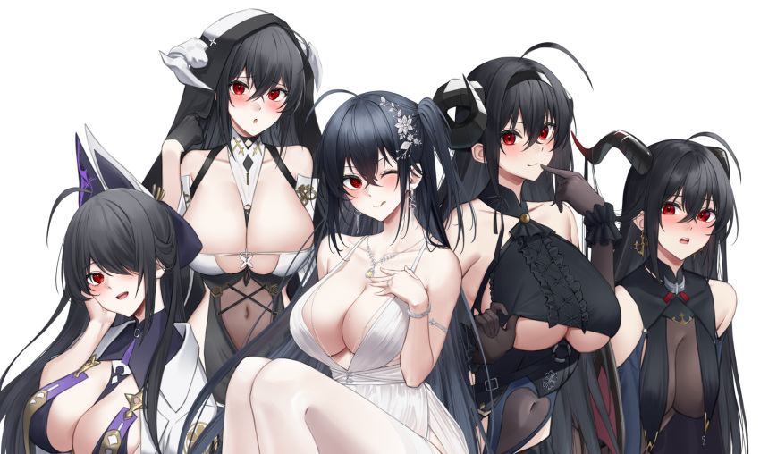 5girls aegir_(azur_lane) aegir_(azur_lane)_(cosplay) azur_lane bare_shoulders black_gloves black_hair black_headband black_horns blush bodystocking breast_curtains breast_cutout breasts center_cross_lace center_opening cleavage clothing_cutout cocktail_dress commentary_request cosplay covered_navel cross cross_earrings curled_horns demon_girl demon_horns dress earrings elbow_gloves evening_gown fake_horns finger_to_mouth flower forward_facing_horns gloves habit hair_between_eyes hair_flower hair_ornament hair_over_one_eye hand_on_own_cheek hand_on_own_face headband heart_cutout highres hindenburg_(azur_lane) hindenburg_(azur_lane)_(cosplay) horns huge_breasts implacable_(azur_lane) implacable_(azur_lane)_(cosplay) jewelry large_breasts large_horns long_hair looking_at_viewer multiple_girls nun official_alternate_costume plunging_neckline red_eyes revealing_clothes satin_dress see-through see-through_dress simple_background sleeveless sleeveless_dress stomach_cutout taihou_(azur_lane) taihou_(temptation_on_the_sea_breeze)_(azur_lane) thighhighs underboob underboob_cutout unzen_(azur_lane) unzen_(azur_lane)_(cosplay) very_long_hair wedding_dress white_background white_dress white_flower white_horns white_thighhighs yorugami_rei
