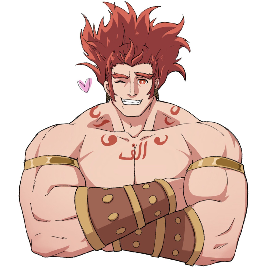 1boy arabic_text bara bucchigiri?! cropped_torso crossed_arms dounoo heart highres long_hair long_sideburns looking_at_viewer male_focus muscular muscular_male one_eye_closed prehensile_hair red_hair senya_(bucchigiri?!) sideburns smile solo thick_eyebrows wink_heart