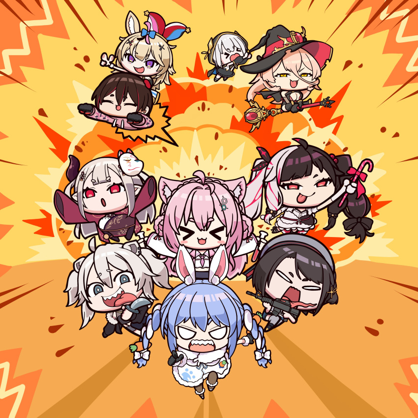 &gt;_&lt; 0_0 absurdres animal_ears ars_almal assault_rifle black_cape black_gloves black_hair black_thighhighs blonde_hair blue_hair braid breasts brown_hair candy candy_cane cape carrot_hair_ornament chibi cleavage commentary_request demon_horns explosion flying food food-themed_hair_ornament fox_ears fox_girl fur-trimmed_gloves fur_trim gloves grey_hair gun hair_ornament hakui_koyori half-closed_eyes hat highres holding holding_candy holding_candy_cane holding_food holding_gun holding_knife holding_test_tube holding_weapon hololive hood horns jester_cap knife large_breasts lion_ears lion_girl mask mask_on_head multicolored_hair nabenabe3104 naraka_(nijisanji) necktie nijisanji nui_sociere omaru_polka oozora_subaru open_mouth outstretched_arms pink_hair pink_necktie pink_sweater pointing rabbit_ears rabbit_girl red_eyes riding rifle roboco-san scepter shishiro_botan short_hair sleeves_past_fingers sleeves_past_wrists smile sweater test_tube thighhighs tongue tongue_out twin_braids two-tone_hair two_side_up usada_pekora virtual_youtuber weapon white_hair witch_hat wolf_ears wolf_girl yorumi_rena