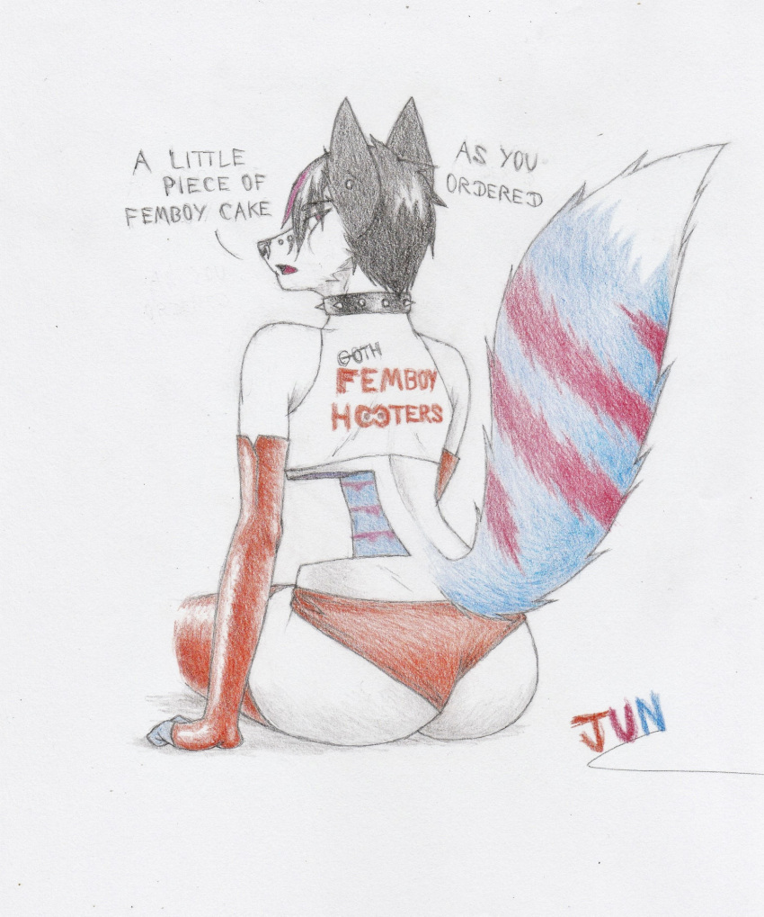 anthro armwear butt cake cake_slice candy_gore canid canine choker clothed clothing dessert femboy_hooters food fox girly gore goth hi_res jewelry jun_snowy jun_snowy(jun_snowy) legwear looking_at_viewer male mammal necklace rear_view simple_background solo tail