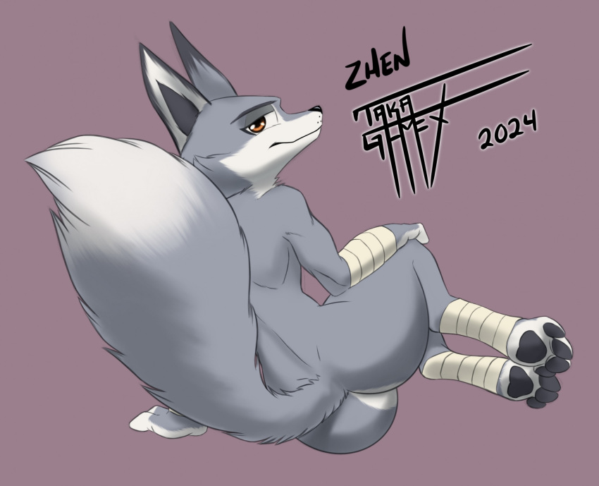 2024 4_toes anthro arm_wraps black_nose black_pawpads butt canid canine corsac_fox dreamworks feet female fox fur grey_body grey_fur hi_res hindpaw kung_fu_panda leg_wraps looking_at_viewer looking_back looking_back_at_viewer mammal multicolored_body multicolored_fur nude pawpads paws rear_view solo taka_studio toes two_tone_body two_tone_fur white_body white_fur wraps zhen_(kung_fu_panda)