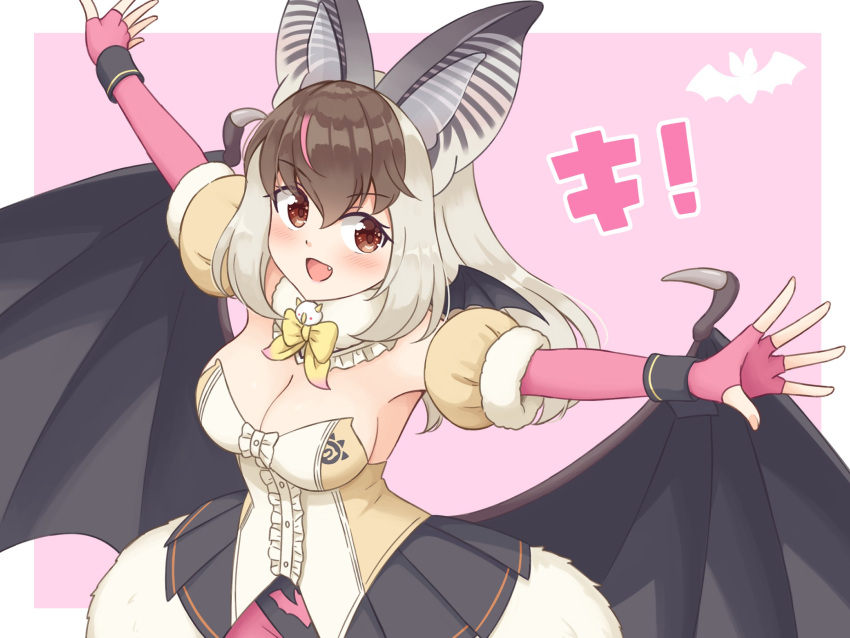 1girl animal_ears bat_ears bat_girl bat_wings brown_eyes brown_hair brown_long-eared_bat_(kemono_friends) elbow_gloves extra_ears fingerless_gloves gloves grey_hair highres kemono_friends kemono_friends_v_project leotard long_hair looking_at_viewer microphone pantyhose pink_background shiraha_maru simple_background skirt solo virtual_youtuber wings