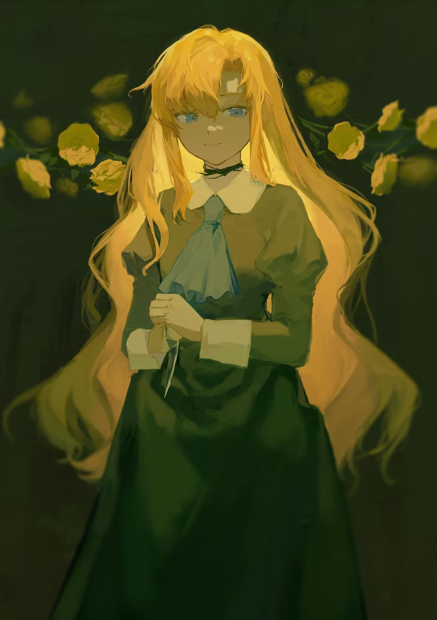 1girl ascot blonde_hair blue_ascot blue_eyes choker dress flower green_background green_dress highres ib long_hair long_sleeves looking_at_viewer mary_(ib) own_hands_together puffy_long_sleeves puffy_sleeves sidelocks smile solo tomakary03 upper_body very_long_hair yellow_flower