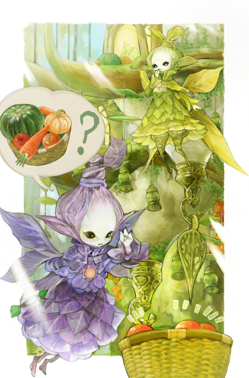 2others ? absurdres androgynous apple bangs_pinned_back basket bell black_eyes border capelet carrot day dress fairy fewer_digits final_fantasy final_fantasy_xiv food fruit green_capelet green_dress green_hair hand_on_own_chin hand_up highres leaf leaf_dress leaf_wings light_rays multiple_others outside_border plant_hair pointy_ears pumpkin purple_capelet purple_dress purple_hair shanshen short_hair spoken_object spoken_question_mark sunlight sylph_(final_fantasy) tree white_border