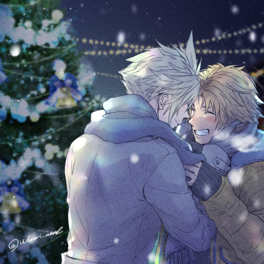 2boys blonde_hair blue_scarf blush christmas_lights christmas_tree closed_eyes cloud_strife coat couple final_fantasy final_fantasy_vii final_fantasy_x gloves grin hands_on_another's_face happy highres holding male_focus multiple_boys outdoors scarf smile snow snowing spiked_hair tidus warori_anne winter winter_clothes winter_coat yaoi