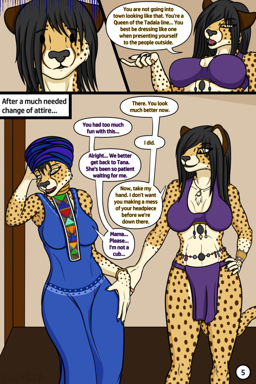 african anthro aya_tadala_(big_chief_bakari) big_chief_bakari_(artist) black_hair black_nose blue_clothing bottomwear cheetah clothed clothing comic daughter_(lore) dress duo felid feline female fur hair headwrap hi_res inside jewelry loincloth mammal markings mother_(lore) parent_(lore) partially_clothed rudo_tadala_(big_chief_bakari) scolding solo spots spotted_markings touching_hand yellow_body yellow_fur