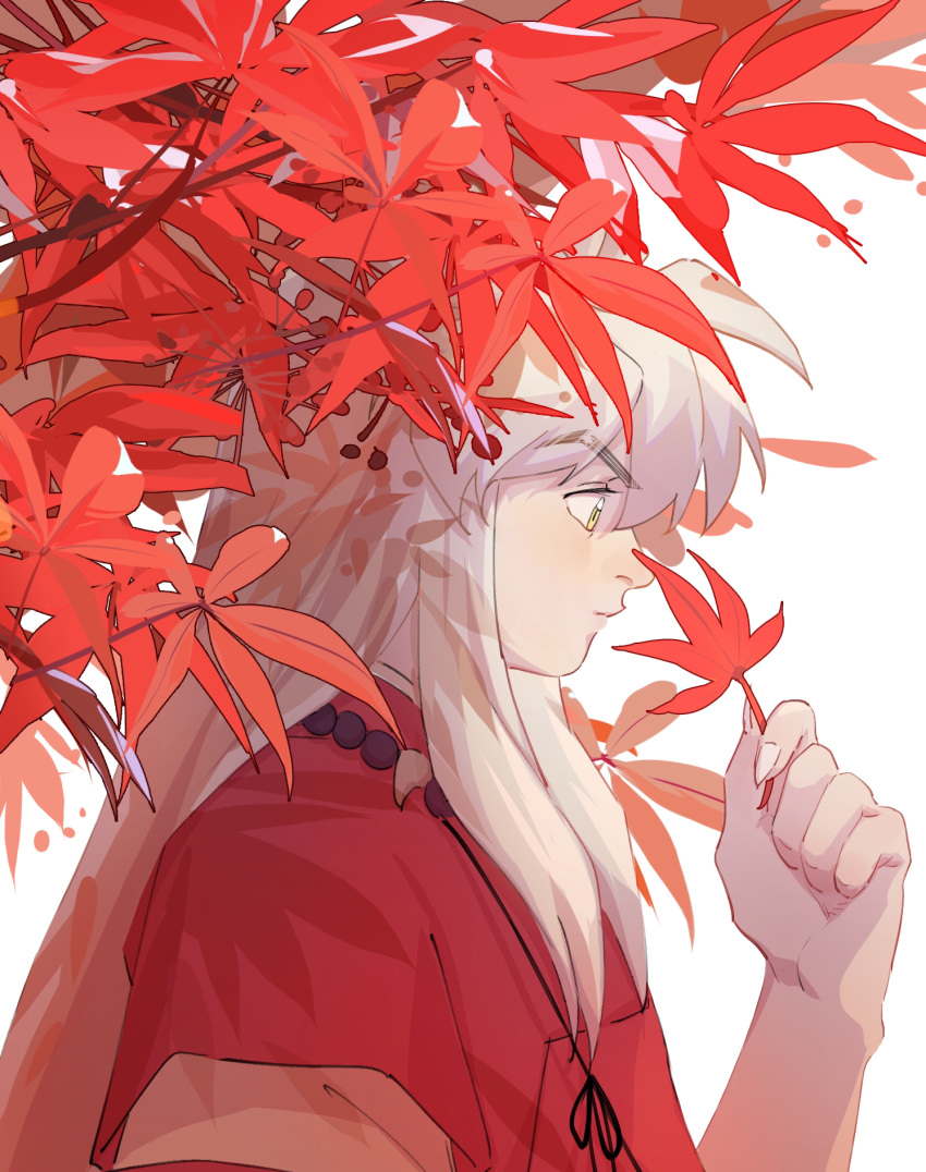 1boy animal_ears autumn_leaves bead_necklace beads branch dog_ears from_side hand_up highres holding holding_leaf inuyasha inuyasha_(character) japanese_clothes jewelry leaf long_hair looking_at_hand looking_down male_focus maple_leaf necklace red_theme sidelocks simple_background solo upper_body white_background white_hair yuigacyako