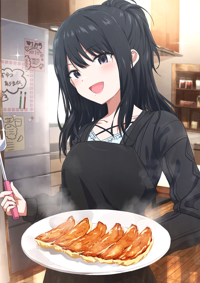1girl :d absurdres apron black_apron black_hair black_shirt blush commentary_request day dumpling food grey_eyes hair_between_eyes highres holding holding_plate idolmaster idolmaster_shiny_colors indoors jiaozi kazano_hiori long_hair long_sleeves looking_at_viewer misaki_nonaka plate ponytail refrigerator shirt smile solo spatula sunlight translation_request window wooden_floor