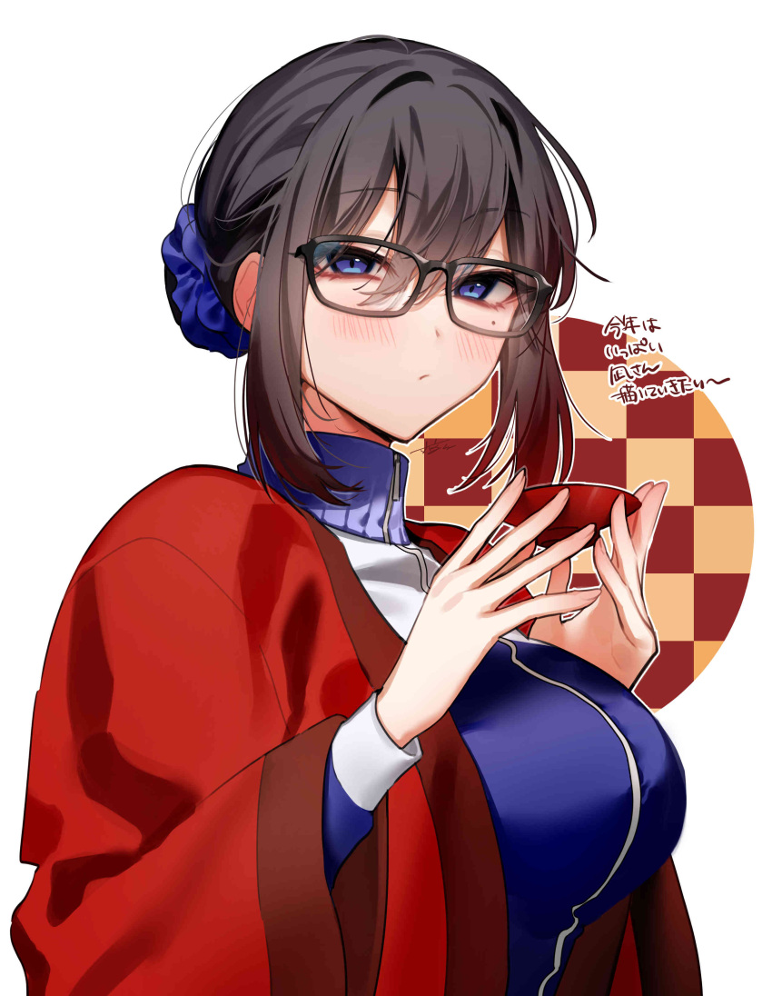 1girl absurdres black-framed_eyewear blue_eyes blue_track_suit blush breasts checkered_background closed_mouth cup glasses highres holding holding_cup ichimonjikun2 jacket large_breasts long_sleeves looking_at_viewer sakazuki sakuma_nagi scrunchie short_hair_with_long_locks sidelocks solo sweet_home_maid track_jacket translation_request upper_body white_background wide_sleeves wrist_scrunchie
