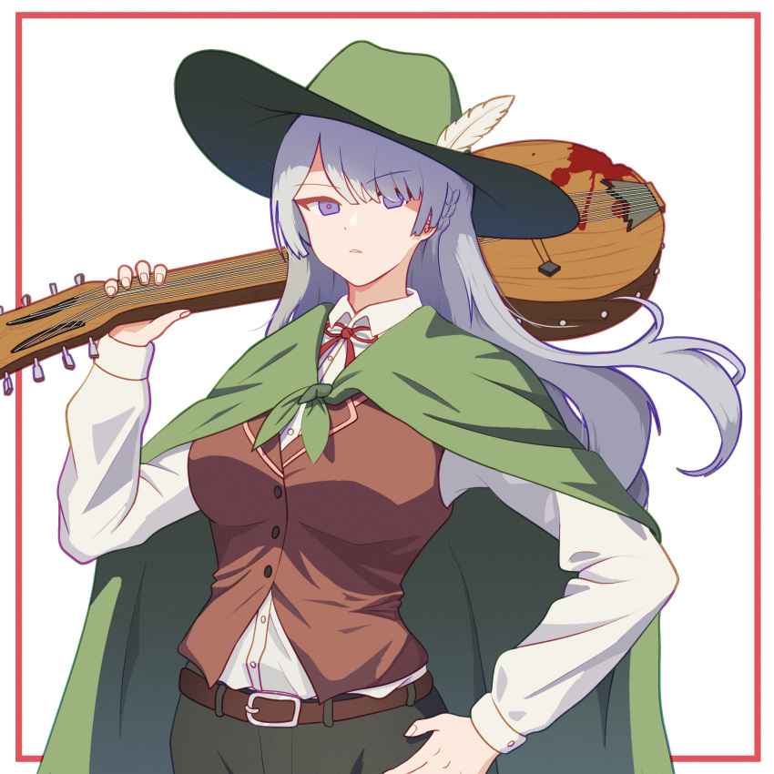 1girl ak-15_(girls'_frontline) belt black_pants blood breasts brown_belt brown_vest cape collared_shirt english_commentary gilijim girls'_frontline green_cape green_headwear grey_hair hair_over_one_eye hand_on_own_hip hat_feather highres holding holding_instrument instrument long_hair long_sleeves looking_at_viewer lute_(instrument) open_mouth pants purple_eyes red_ribbon ribbon shirt shirt_tucked_in simple_background solo teeth very_long_hair vest white_background white_shirt