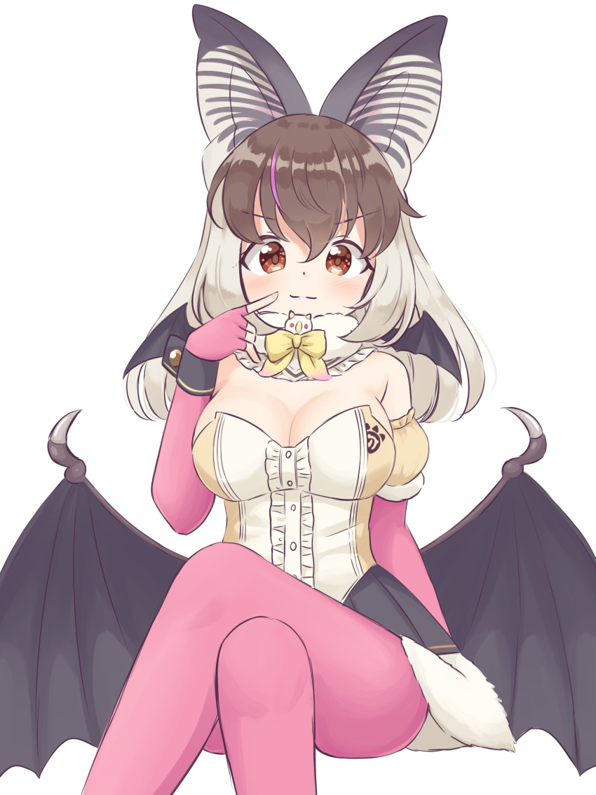 1girl absurdres animal_ears bat_ears bat_girl bat_wings brown_eyes brown_hair brown_long-eared_bat_(kemono_friends) elbow_gloves extra_ears fingerless_gloves gloves grey_hair highres kemono_friends kemono_friends_v_project leotard long_hair looking_at_viewer microphone pantyhose shiraha_maru simple_background skirt solo virtual_youtuber wings