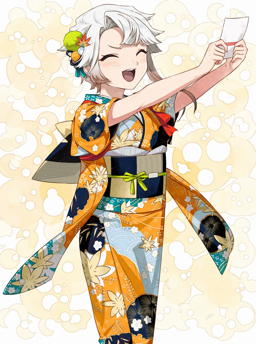 1girl akishimo_(kancolle) blush closed_eyes commission grey_hair hair_ornament highres holding holding_paper japanese_clothes kanmiya_shinobu kantai_collection kimono leaf_hair_ornament long_hair obi open_mouth orange_kimono paper sash skeb_commission smile solo wide_sleeves