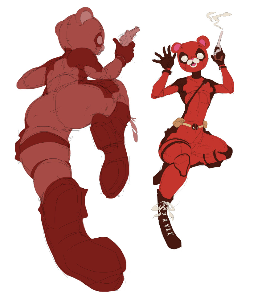 absurd_res bear boots butt butt_focus clothing colored cuddle_team_leader deadpool epic_games female footwear fortnite gun hi_res horseheaddeadmen human humanoid mammal marvel mask ranged_weapon seductive sketch solo thick_thighs tight_clothing weapon