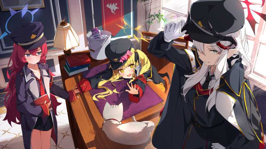 3girls absurdres animal black_coat black_headwear black_horns black_shirt black_skirt black_wings blonde_hair blue_archive blush bucket cat chair closed_mouth coat coat_on_shoulders collared_shirt demon_horns floor grey_eyes grey_hair halo hat highres horns ibuki_(blue_archive) indoors iroha_(blue_archive) long_hair long_sleeves makoto_(blue_archive) multiple_girls multiple_horns necktie open_clothes open_coat open_mouth peaked_cap pleated_skirt pointy_ears purple_halo red_hair red_halo red_necktie shirt skirt smile spice_mega white_shirt window wings yellow_eyes yellow_halo