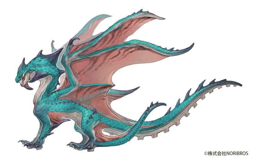 animal_focus brown_wings claws commentary_request copyright_notice dragon from_side full_body monster no_humans open_mouth orange_eyes original profile scales sharp_teeth simple_background solo spikes suction_cups tail teeth white_background wings yamamura_le