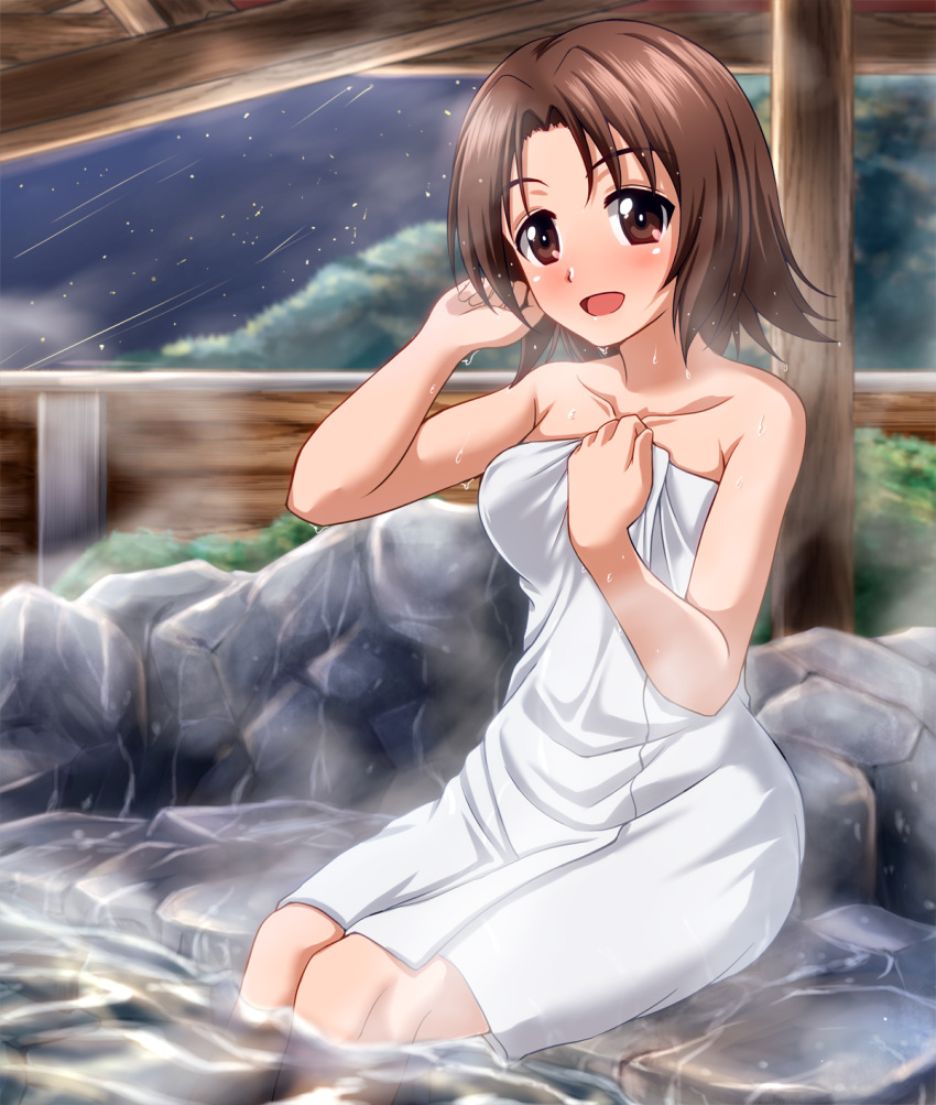 1girl blurry blurry_background blush brown_eyes brown_hair collared_shirt depth_of_field girls_und_panzer hand_in_own_hair highres holding holding_towel looking_at_viewer meteor_shower naked_towel night night_sky onsen open_mouth outdoors parted_bangs rock sawa_azusa shirt short_hair sitting sky smile soaking_feet solo star_(sky) starry_sky steam towel water wet wet_hair zanntetu