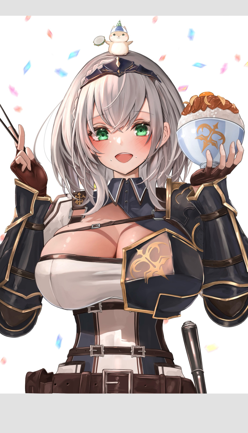 1girl absurdres armor belt black_gloves blue_collar blush braid breasts chest_belt chest_guard chest_strap cleavage clothing_cutout collar fingerless_gloves food gloves green_eyes grey_hair gyuudon hamster highres holding hololive large_breasts leather_belt looking_at_viewer maison_de_cante medium_hair mole mole_on_breast open_mouth pauldrons pop_(shirogane_noel) shirogane_noel shirogane_noel_(1st_costume) short_hair shoulder_armor single_pauldron smile solo vambraces virtual_youtuber wavy_hair wrist_guards