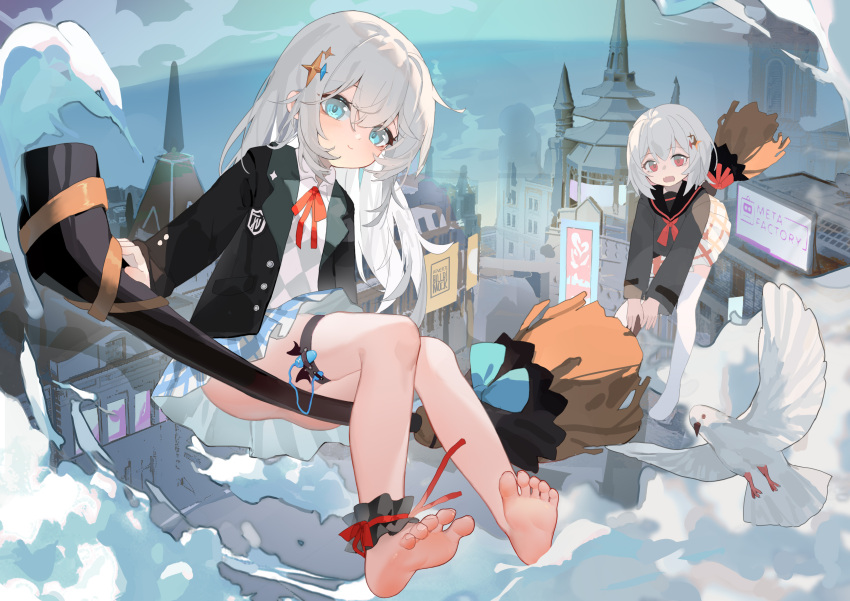 2girls absurdres ankle_garter bare_legs barefoot bird black_jacket black_sailor_collar black_shirt blazer blue_eyes blue_skirt broom broom_riding chinese_commentary closed_mouth commentary_request full_body grey_hair hair_between_eyes hair_ornament highres jacket kele_mimi long_hair long_sleeves looking_at_viewer miniskirt multiple_girls neck_ribbon neckerchief open_mouth original outdoors panties pantyshot plaid plaid_skirt pleated_skirt red_eyes red_neckerchief red_ribbon red_skirt ribbon sailor_collar shirt short_hair skirt soles star_(symbol) star_hair_ornament thigh_strap toes underwear white_panties white_shirt