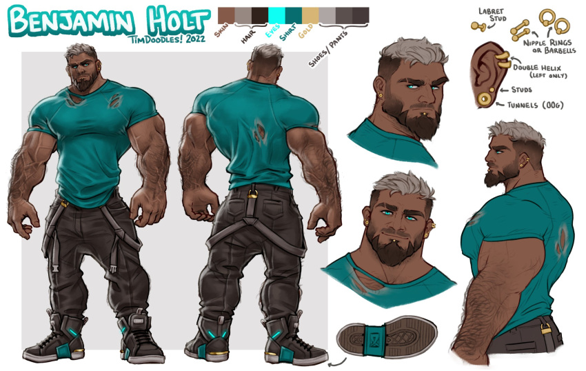 1boy arm_hair bara beard bejamin_holt_(shockjaws) blue_eyes cargo_pants covered_nipples cropped_torso dark-skinned_male dark_skin ear_piercing earrings english_text eyebrow_cut facial_hair forearms from_side full_beard grey_hair hairy highres jewelry large_hands large_pectorals lip_piercing male_focus mature_male multicolored_hair multiple_earrings multiple_views muscular muscular_male mustache_stubble original pants pectorals piercing profile raised_eyebrow reference_sheet shirt short_hair smile standing stubble thick_arm_hair thick_arms thick_beard thick_eyebrows tim_(shockjaws) torn_clothes torn_shirt tsurime two-tone_hair undercut upper_body veins veiny_arms very_dark_skin