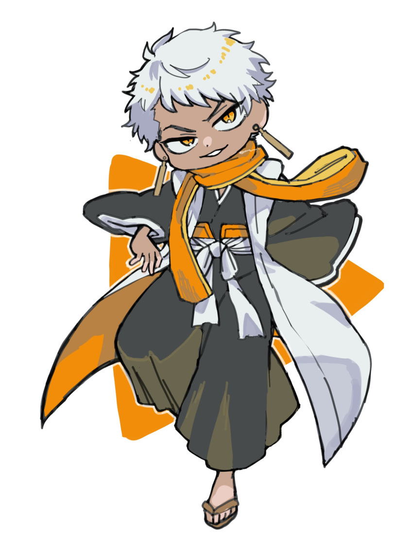 1boy a_nzi_end black_hakama bleach dark-skinned_male dark_skin earrings full_body hakama haori head_tilt highres japanese_clothes jewelry looking_at_viewer male_focus obi orange_eyes orange_scarf sandals sash scarf shihakusho shihouin_chika shinigami simple_background smile solo taichou_haori two-sided_fabric white_hair