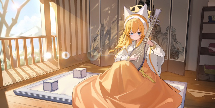1girl absurdres alternate_costume animal_ear_fluff animal_ears blue_archive blue_eyes blush chima_(clothes) closed_mouth halo hanbok highres indoors instrument iv_(iv70311741) korean_clothes long_hair long_sleeves looking_at_viewer mari_(blue_archive) music orange_hair playing_instrument smile solo wide_sleeves yellow_halo