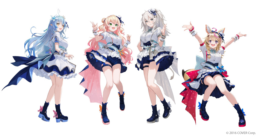 4girls :d \o/ absurdres ahoge animal_ear_fluff animal_ear_piercing animal_ears ankle_boots aqua_bow aqua_bowtie aqua_gemstone aqua_nails aqua_sash arms_up back_bow beads black_hair blonde_hair blue_bow blue_corset blue_flower blue_footwear blue_hair blue_ribbon blue_shorts blue_skirt blush boots bow bowtie braid breasts brooch buttons collared_jacket colored_tips commentary_request company_name copyright_notice corset dot_nose double-parted_bangs double_bun dress_shirt elf eyelashes facial_mark fang fingernails flipped_hair floating_hair flower footwear_bow fox_ears fox_girl fox_tail frilled_skirt frills from_side full_body gold_ribbon gold_trim gradient_hair green_eyes green_ribbon grey_bow grey_hair grey_ribbon grey_skirt hair_between_eyes hair_bow hair_bun hair_flower hair_ornament hair_ribbon half_updo hand_up hands_up hat hat_bow heart heart-shaped_pupils heart_ahoge heel_up high_heel_boots high_heels highres hololive hololive_idol_uniform_(bright) idol idol_clothes jacket jewelry knees_together_feet_apart lapel_pin lapels large_bow layered_skirt leg_up lion_ears lion_girl long_bangs long_hair looking_ahead looking_at_viewer looking_to_the_side matsuo_shogo mini_hat mini_tiara momosuzu_nene multicolored_hair multiple_girls nail_polish notched_lapels official_alternate_costume official_art omaru_polka open_clothes open_jacket open_mouth orange_nails outstretched_arms overskirt pink_bow pink_hair pink_ribbon pink_skirt pinky_out plaid plaid_bow playing_card_theme pointy_ears puffy_short_sleeves puffy_sleeves purple_eyes red_ribbon red_skirt ribbon sash sash_bow shirt shishiro_botan short_shorts short_sleeves shorts showgirl_skirt side_braid sidelocks simple_background single_braid skirt smile sparkle_print standing standing_on_one_leg streaked_hair striped_bow striped_sash symbol-shaped_pupils tail teeth thigh_strap thighs top_hat twintails two-sided_fabric two-sided_skirt two-tone_hair two_side_up underbust upper_teeth_only virtual_youtuber w wavy_hair white_background white_bow white_flower white_headwear white_jacket white_sash white_shirt white_skirt white_wrist_cuffs wrist_cuffs wrist_ribbon x_hair_ornament yellow_bow yellow_eyes yukihana_lamy