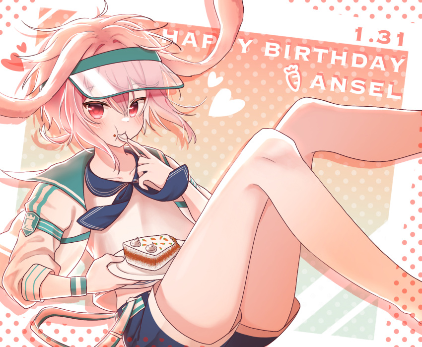 1boy :t animal_ears ansel_(arknights) ansel_(casual_vacation)_(arknights) arknights bare_legs blue_neckerchief blue_shorts blush cake cake_slice character_name commentary dated english_commentary feet_out_of_frame food food_on_face green_background halftone happy_birthday highres holding holding_food holding_plate jacket looking_at_viewer lop_rabbit_ears male_focus neckerchief official_alternate_costume pink_background pink_hair plate rabbit_boy rabbit_ears red_eyes rinzy shirt short_hair shorts solo three_quarter_view visor_cap white_jacket white_shirt