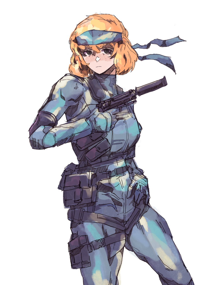 1girl absurdres ammunition_pouch bandana breasts cer00l cosplay english_commentary freckles gun h&amp;k_mark_23 hand_on_own_hip handgun highres ishmael_(project_moon) limbus_company looking_at_viewer medium_breasts metal_gear_(series) metal_gear_solid orange_hair pouch project_moon simple_background sneaking_suit solid_snake solid_snake_(cosplay) weapon white_background