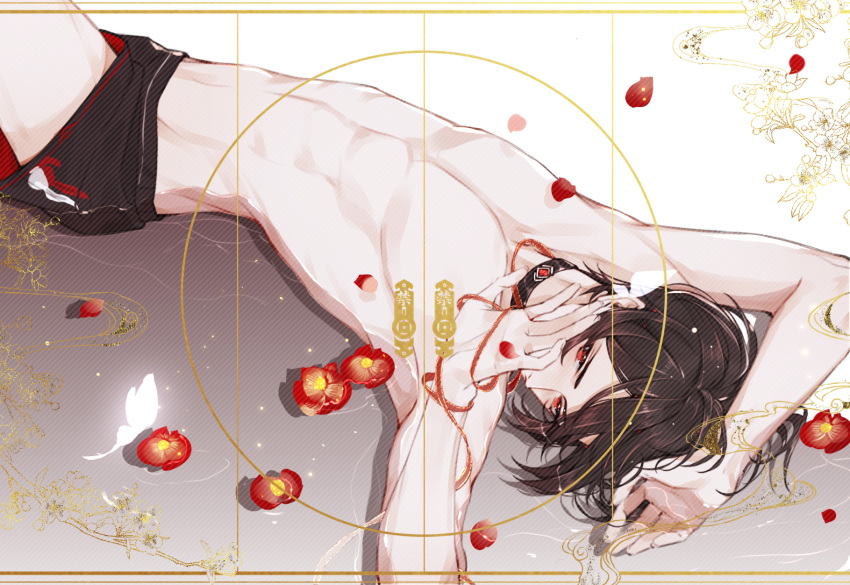 1boy arm_up ayn_alwyn black_choker black_hair black_shorts blush bug butterfly camellia choker covered_mouth covering_own_mouth cowboy_shot falling_petals flower hair_between_eyes hand_up highres looking_at_viewer looking_to_the_side lovebrush_chronicles lying male_focus male_swimwear nieorst no_nipples on_back petals red_eyes red_flower red_ribbon ribbon short_hair shorts solo swim_trunks topless_male water white_background