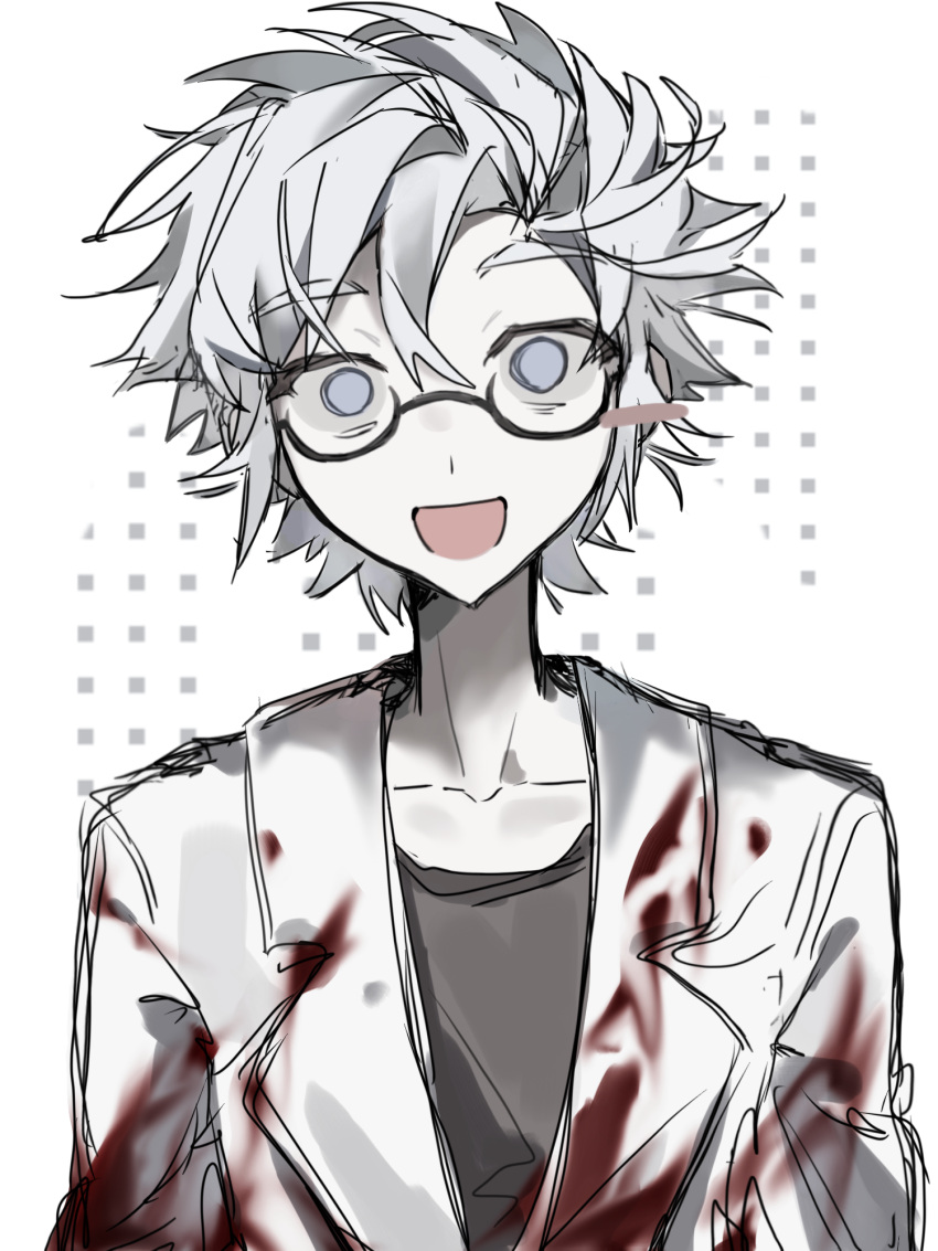 1boy ai_(7148339745) blood blood_on_clothes blue_eyes chinese_commentary collarbone commentary_request glasses grey_shirt highres kanou_aogu lab_coat looking_at_viewer male_focus open_clothes open_mouth pale_skin saibou_shinkyoku semi-rimless_eyewear shirt short_hair sketch smile solo upper_body white_hair