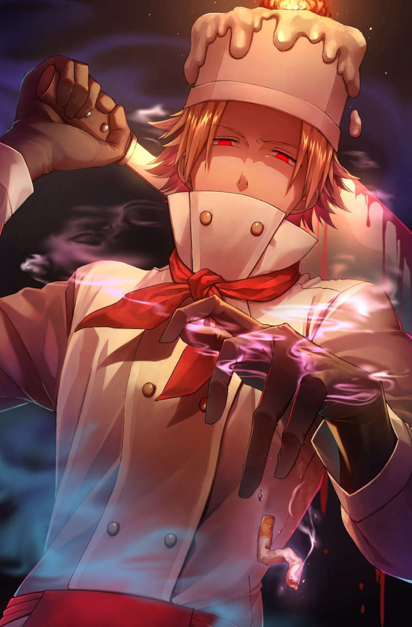 1boy blonde_hair blood blood_on_weapon candle chef chef_hat cigarette cleaver covered_mouth dripping fire flat_top_chef_hat flipped_hair gloves gregory_horror_show hat hell's_chef_(gregory_horror_show) high_collar highres holding_cleaver looking_at_viewer male_focus neckerchief noko_(meityoko73) parted_bangs red_eyes short_hair smoke solo wax weapon