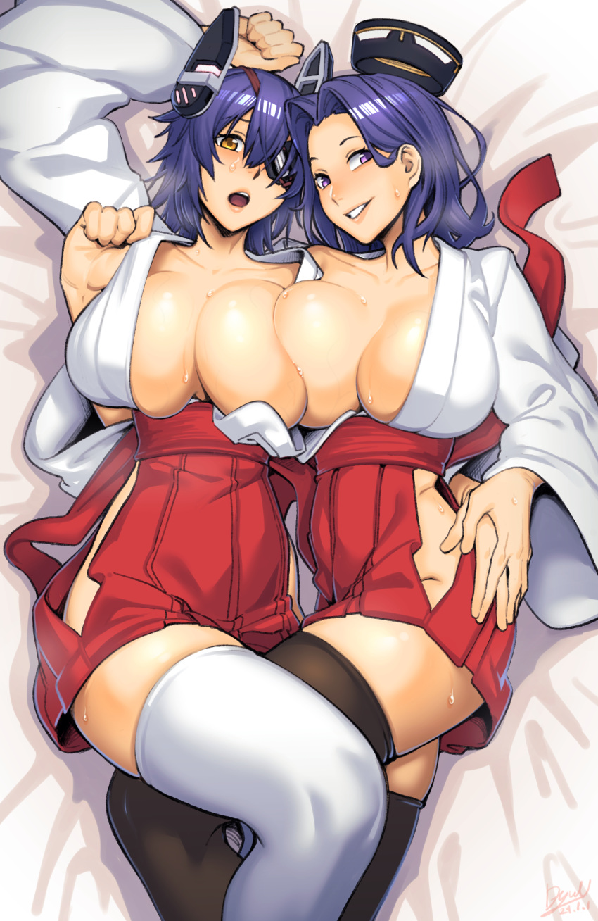 2girls alternate_costume black_thighhighs breasts dyun eyepatch floating_headgear hair_intakes hakama hakama_short_skirt hakama_skirt halo headgear highres hip_vent huge_breasts japanese_clothes kantai_collection kimono looking_at_viewer lying mechanical_halo multiple_girls nontraditional_miko on_back open_mouth purple_eyes purple_hair red_hakama short_hair skirt smile tatsuta_(kancolle) tenryuu_(kancolle) thighhighs white_kimono white_thighhighs wide_sleeves yellow_eyes