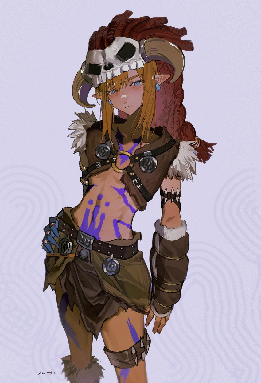 1boy abs akihare arm_warmers armlet barbarian_set_(zelda) belt blonde_hair blue_eyes blush brown_shorts brown_vest chest_tattoo closed_mouth earrings fur-trimmed_legwear fur-trimmed_vest fur_trim gloves hand_on_own_hip head_tilt highres horns jewelry leg_tattoo link looking_at_viewer male_focus medium_hair o-ring o-ring_top purple_background shorts sidelocks signature single_arm_warmer single_glove skull skull_on_head solo standing tattoo the_legend_of_zelda the_legend_of_zelda:_breath_of_the_wild vest