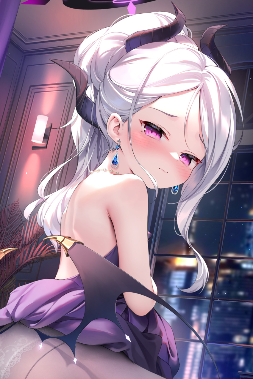 1girl absurdres bare_shoulders blue_archive blush breasts chen_bin dress earrings grey_pantyhose hair_ribbon halo highres hina_(blue_archive) hina_(dress)_(blue_archive) horns jewelry looking_at_viewer medium_hair multiple_horns pantyhose purple_dress purple_eyes ribbon small_breasts solo swept_bangs thighs white_hair wings