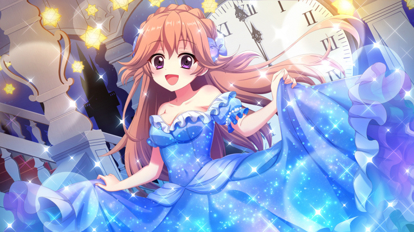 1girl :d analog_clock banister bare_shoulders blue_bow blue_dress bow braid breasts cardboard_cutout cinderella cinderella_(grimm) cinderella_(grimm)_(cosplay) cleavage clock collarbone cosplay crown_braid dot_nose dress dutch_angle film_grain game_cg haeno_akari hair_bow izumi_tsubasu lens_flare long_hair long_skirt looking_at_viewer medium_breasts non-web_source off-shoulder_dress off_shoulder official_art open_mouth orange_hair purple_eyes re:stage! roman_numeral silhouette skirt skirt_hold smile solo sparkle stairs