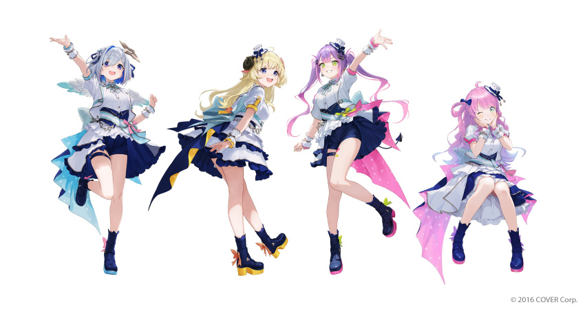 4girls :d absurdres ahoge amane_kanata angel angel_wings animal_ears ankle_boots aqua_bow aqua_bowtie aqua_gemstone aqua_ribbon aqua_sash aqua_skirt aqua_wings arm_up back_bow beads blonde_hair blue_bow blue_corset blue_eyes blue_footwear blue_hair blue_ribbon blue_shorts blue_skirt blush boots bow bowtie brooch buttons closed_mouth collared_jacket colored_inner_hair commentary_request company_name copyright_notice corset curly_hair demon_girl demon_tail dot_nose dress_shirt ear_piercing earrings eyelashes eyes_visible_through_hair feathered_wings footwear_bow frilled_skirt frills full_body gold_ribbon gold_trim green_bow green_eyes grey_hair grin hair_between_eyes hair_bow hair_intakes hair_ornament hair_over_one_eye hair_ribbon hairclip halo hands_on_own_cheeks hands_on_own_face hands_up hat hat_bow high_heel_boots high_heels highres himemori_luna holoforce hololive hololive_idol_uniform_(bright) horns idol idol_clothes industrial_piercing jacket jewelry knees_together_feet_apart lapel_pin lapels large_bow layered_skirt leg_up long_hair looking_ahead looking_at_viewer looking_to_the_side looking_up matsuo_shogo mini_hat multicolored_eyes multicolored_hair multicolored_wings multiple_girls notched_lapels official_alternate_costume official_art one_eye_closed open_clothes open_jacket open_mouth orange_bow orange_ribbon outstretched_arm outstretched_hand overskirt piercing pigeon-toed pink_bow pink_hair pink_ribbon pink_skirt plaid plaid_bow puffy_short_sleeves puffy_sleeves purple_bow purple_eyes purple_hair ribbon sash sash_bow sheep_ears sheep_girl sheep_horns shirt short_hair short_shorts short_sleeves shorts showgirl_skirt simple_background single_hair_ring sitting skirt smile sparkle_print standing standing_on_one_leg star_(symbol) star_hair_ornament star_halo striped_bow striped_sash swept_bangs tail teeth thigh_strap thighs tokoyami_towa top_hat tsunomaki_watame twintails two-sided_fabric two-sided_skirt two-tone_hair underbust upper_teeth_only virtual_youtuber waving wavy_hair white_background white_bow white_headwear white_jacket white_sash white_shirt white_skirt white_wings white_wrist_cuffs wings wrist_cuffs wrist_ribbon yellow_skirt