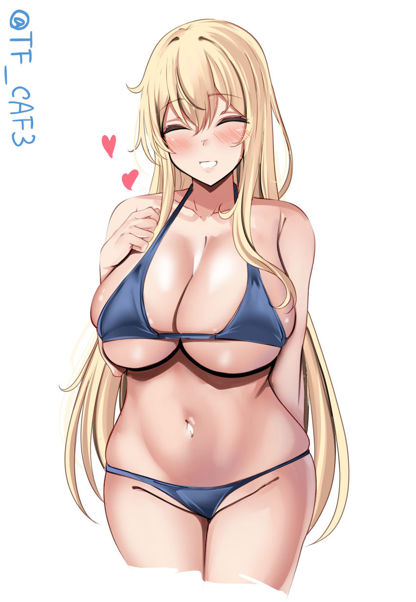 1girl absurdres atago_(kancolle) bikini blonde_hair blue_bikini blush breasts collarbone cowboy_shot cropped_legs facing_viewer grin hand_on_own_chest heart highres kantai_collection large_breasts long_hair lowleg lowleg_bikini navel nose_blush one-hour_drawing_challenge simple_background smile solo swimsuit tf_cafe twitter_username white_background