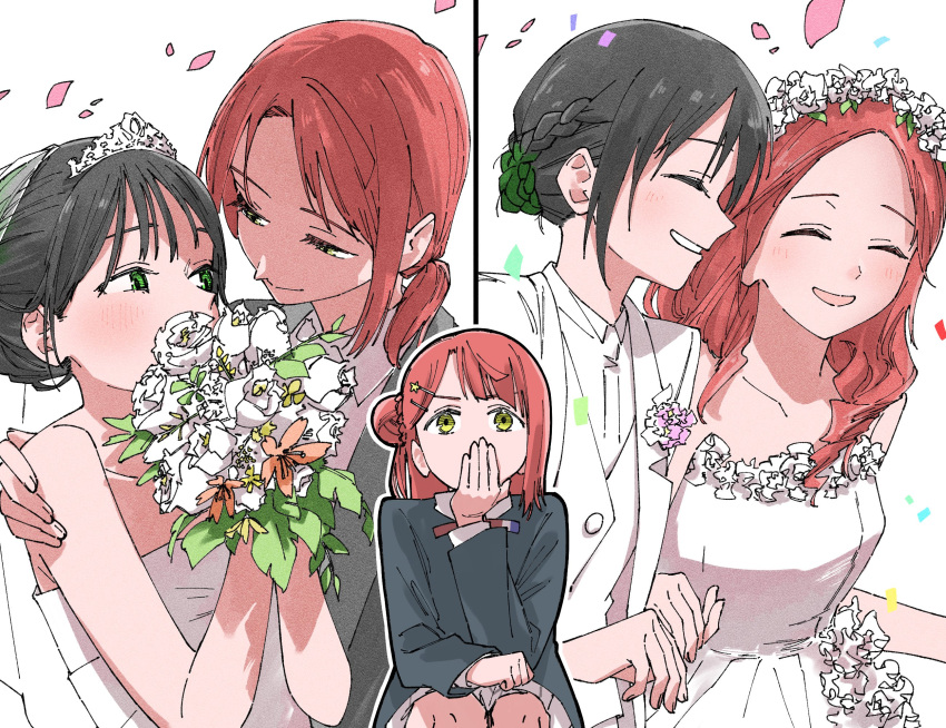 2girls alternate_hairstyle black_hair black_jacket blush bouquet braid closed_eyes collarbone collared_shirt dress hair_bun hair_down hand_on_another's_shoulder haruruhaharur head_wreath highres holding holding_bouquet jacket long_sleeves looking_at_another love_live! love_live!_nijigasaki_high_school_idol_club medium_hair multiple_girls neck_ribbon open_mouth outline parted_bangs ponytail red_hair red_ribbon ribbon shirt sidelocks single_side_bun skirt sleeveless sleeveless_dress smile suit swept_bangs takasaki_yuu tiara uehara_ayumu upper_body wedding_dress white_background white_dress white_jacket white_outline white_shirt white_skirt yellow_eyes yuri