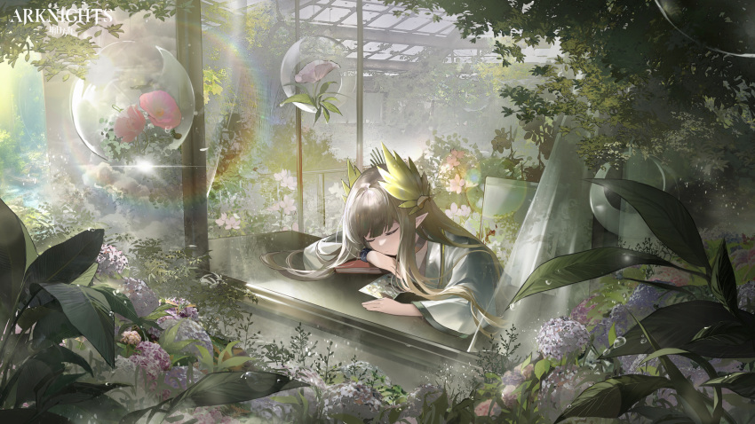 1girl absurdres arknights book brown_hair bubble closed_eyes closed_mouth coat copyright_name elf flower greenhouse highres infection_monitor_(arknights) lab_coat laurel_crown laurels long_hair long_sleeves muelsyse_(arknights) plant pointy_ears sleeping solo tree white_coat zeklewa