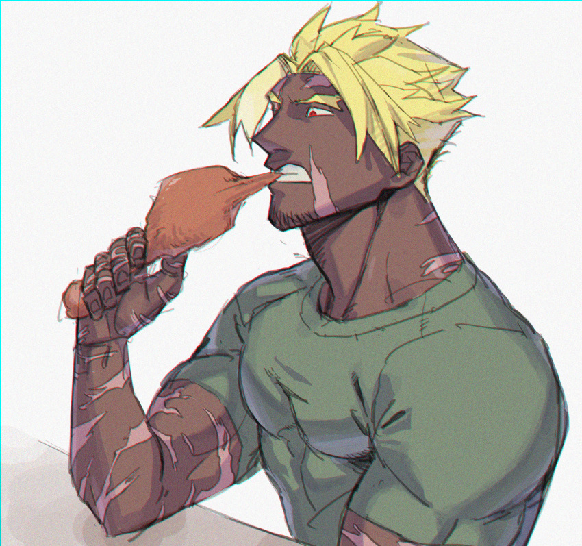 1boy adam's_apple beowulf_(fate) biting blonde_hair chicken_(food) dark-skinned_male dark_skin facial_hair fate/grand_order fate_(series) fingernails food goatee_stubble green_shirt highres looking_ahead multiple_girls muscular muscular_male pectorals red_eyes scar scar_on_face scar_on_hand scar_on_neck shirt short_hair short_sleeves skin_tight solo stubble t-shirt thick_eyebrows udaruga white_background